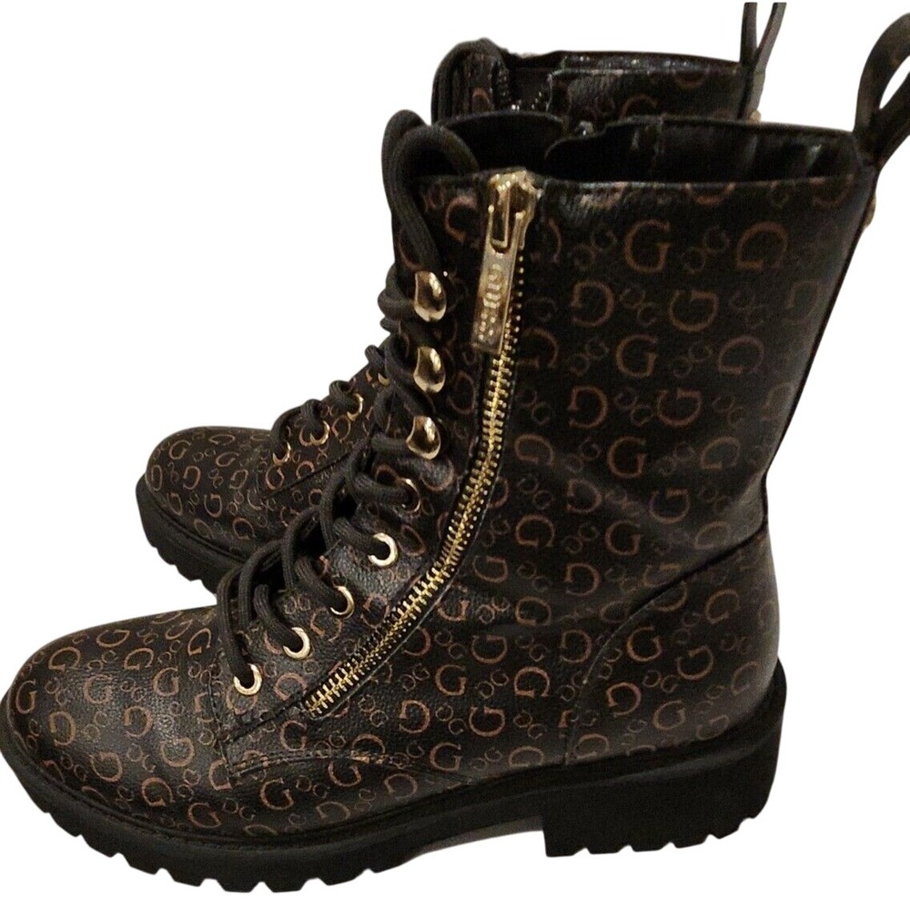 Guess Combat Boots‎ Monogram Logo Gold Accent Lace Up Side Zip